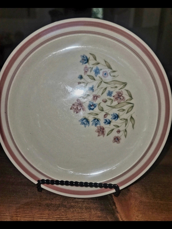 newcor Other - Ceramic Dinner Plate with Pink Rim and Blue Floral Accent